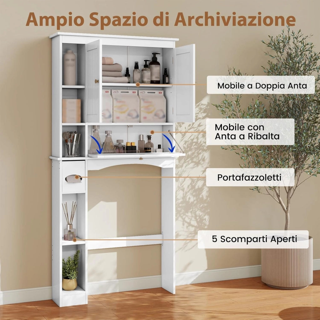 Mobiletto Spora WC 80 x 21 x 165 cm, Scaffale Lavatrice con 2 Ante, Ripiano Regolabile, Barra Inferiore e Porta Carta Igienica, Mobile Portabiancheria per Bagno