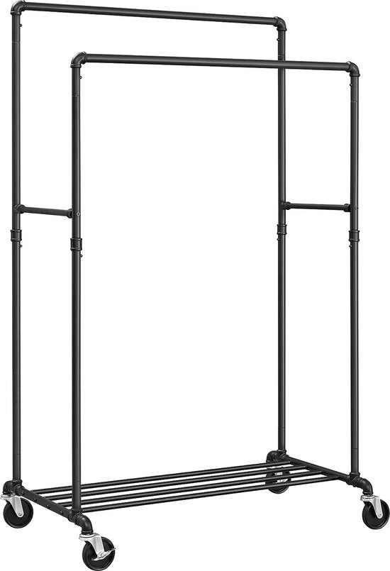 Stendardo per abiti con design industriale per uso mobile, carico massimo 110 kg, 2 stanghe per abiti, colore nero