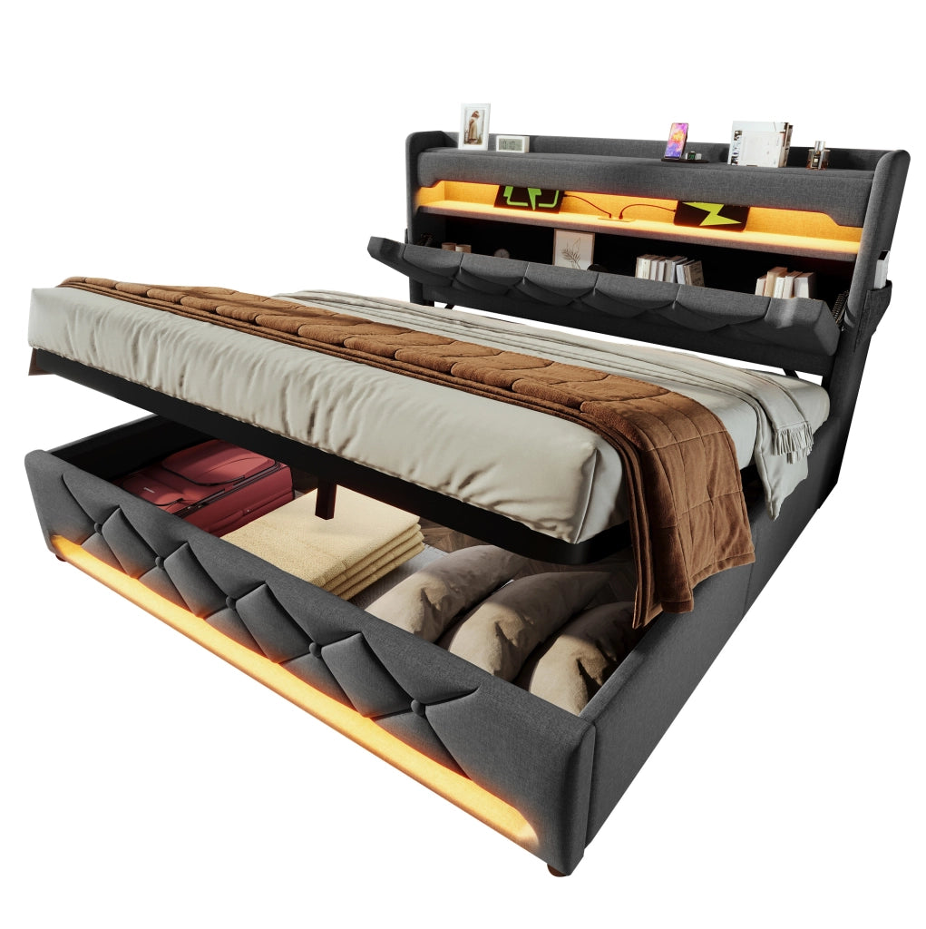 Letto matrimoniale 140x200 cm in lino grigio con LED; testiera con porte USB e Type-C; contenitore idraulico