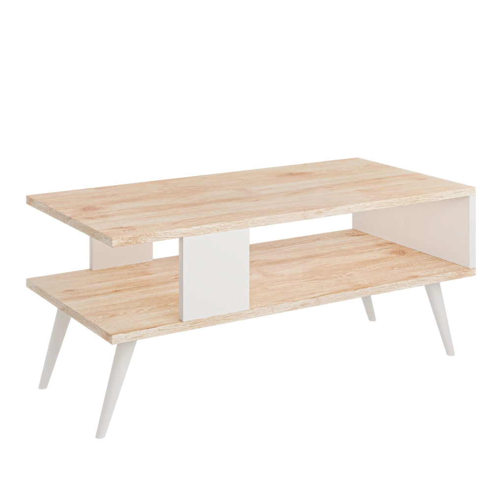 Tavolino Basso da Divano 'Lycksele' con Scomparto Semiaperto e 4 Piedini - Effetto Rovere / Bianco [en.casa]