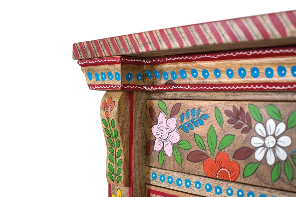 Cassettiera a tre cassetti realizzata in legno di mango dipinto a mano