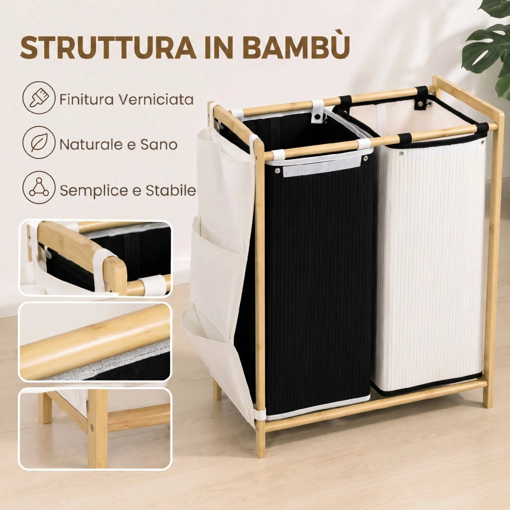 Cesto Portabiancheria 63x33x78 cm 2 Scomparti 120L con Coperchi Tasche Laterali Sacchi Estraibili in Bambù e Poliestere