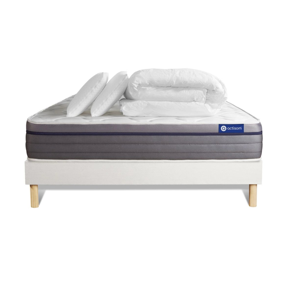 Pacchetto letto completo - Materasso 140x190cm + Box spring con doghe (kit) + 2 cuscini + Piumino - Actilatex Zen
