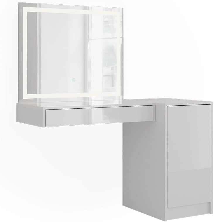Tavolo da toeletta Sherry, Bianco/bianco lucido, 120 cm 3 parti, con illuminazione LED e grande specchio per la cura quotidiana