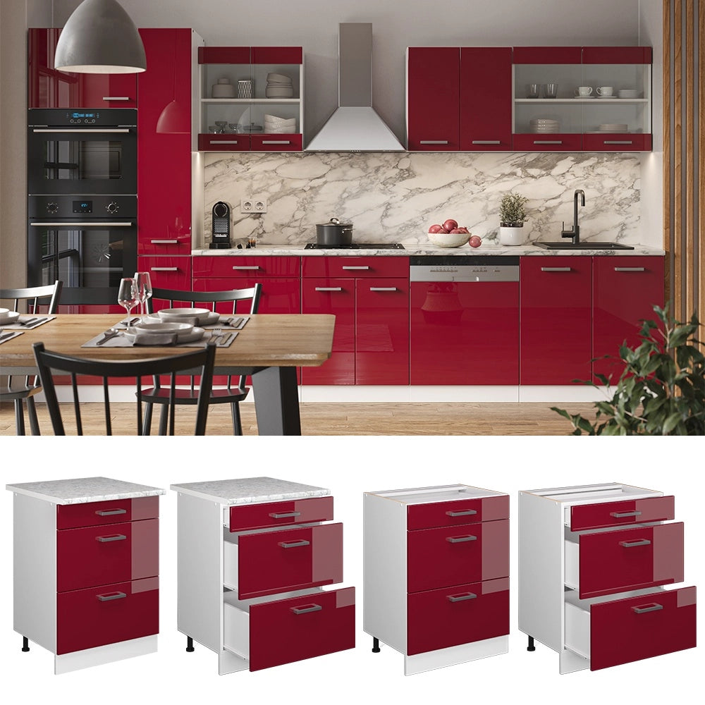 Mobiletto base per cucina R-Line Rosso lucido/Bianco 60 cm con cassetti, senza piano di lavoro Vicco