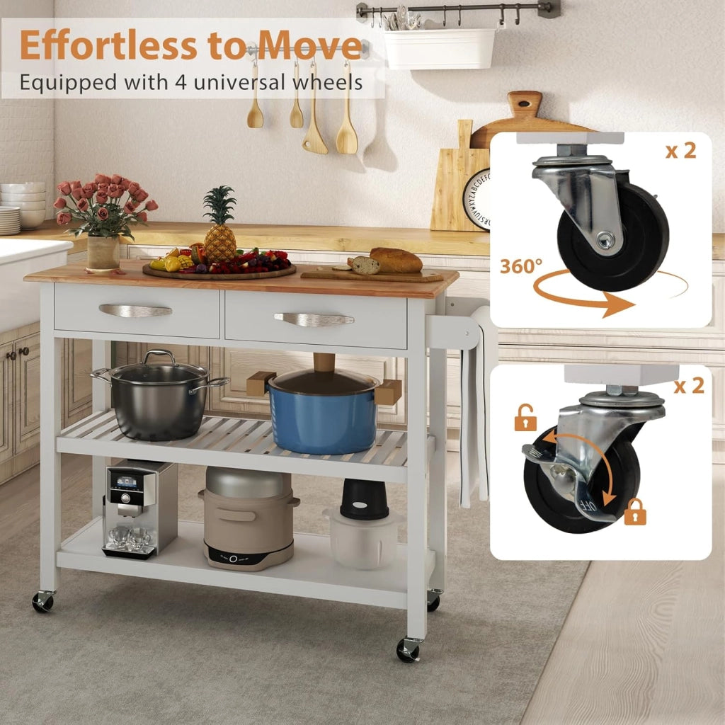 Carrello da cucina in legno con ruote, carrello ausiliario con 2 cassetti e 2 ripiani aperti, isola di cucina mobile con portasciugamani laterale, per sala da pranzo, bar, 116 x 44 x 89 cm