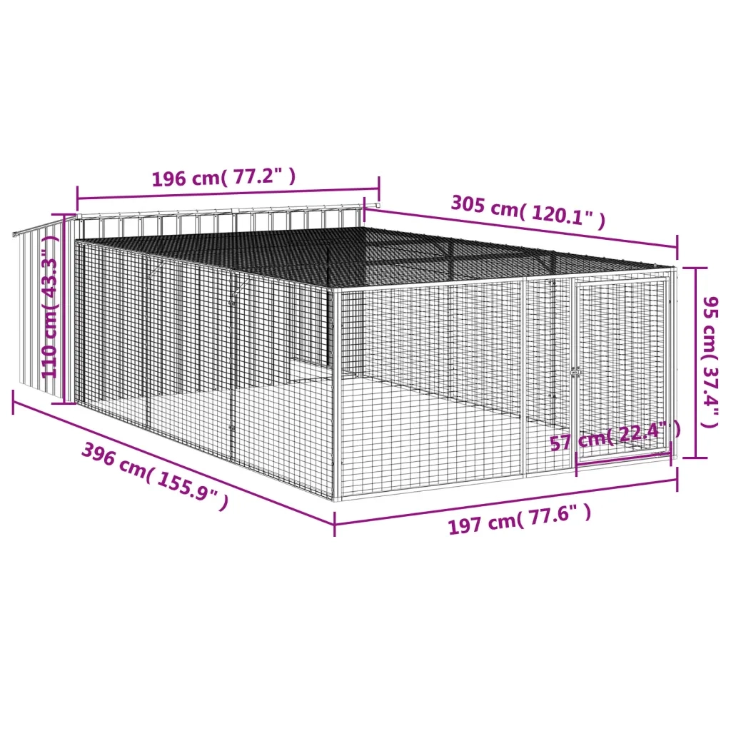 Cuccia per cani con recinto antracite 197x396x110 cm in acciaio zincato 3214225