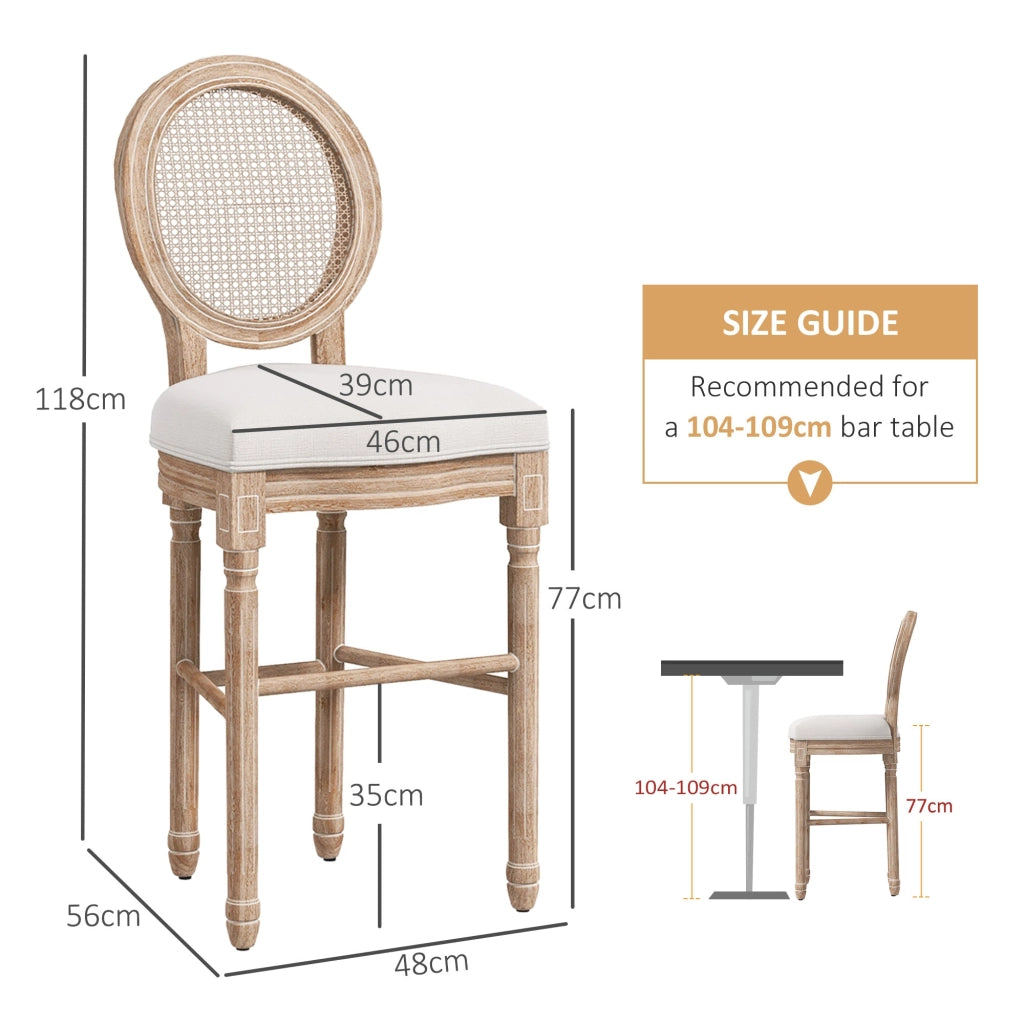Set 2 Sgabelli da Bar con Schienale Cuscini e Poggiapiedi 48x56x118 cm in Legno e Poliestere Crema