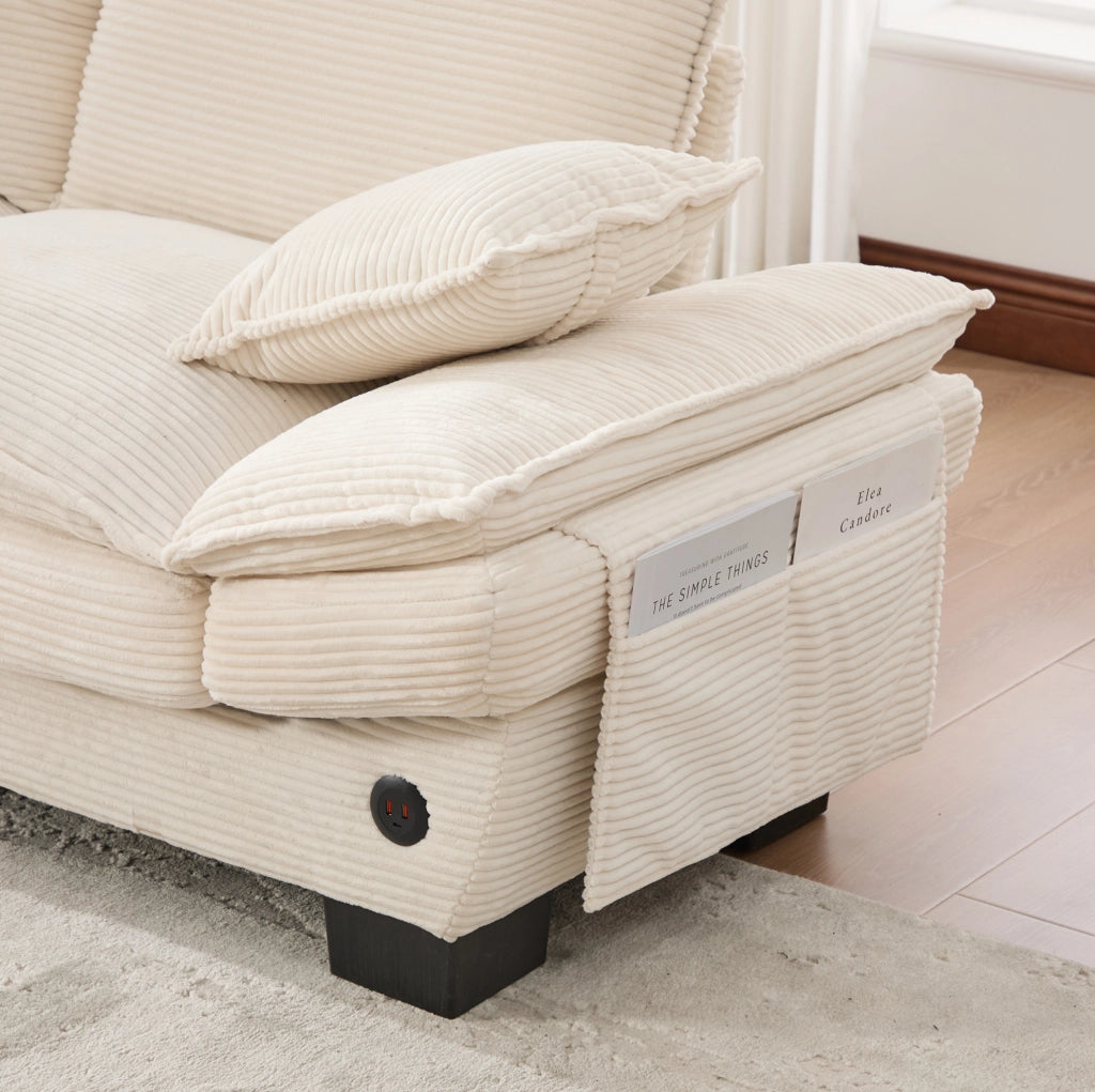 Divano 2 posti con pouf contenitore in corduroy beige; 190x132x84 cm