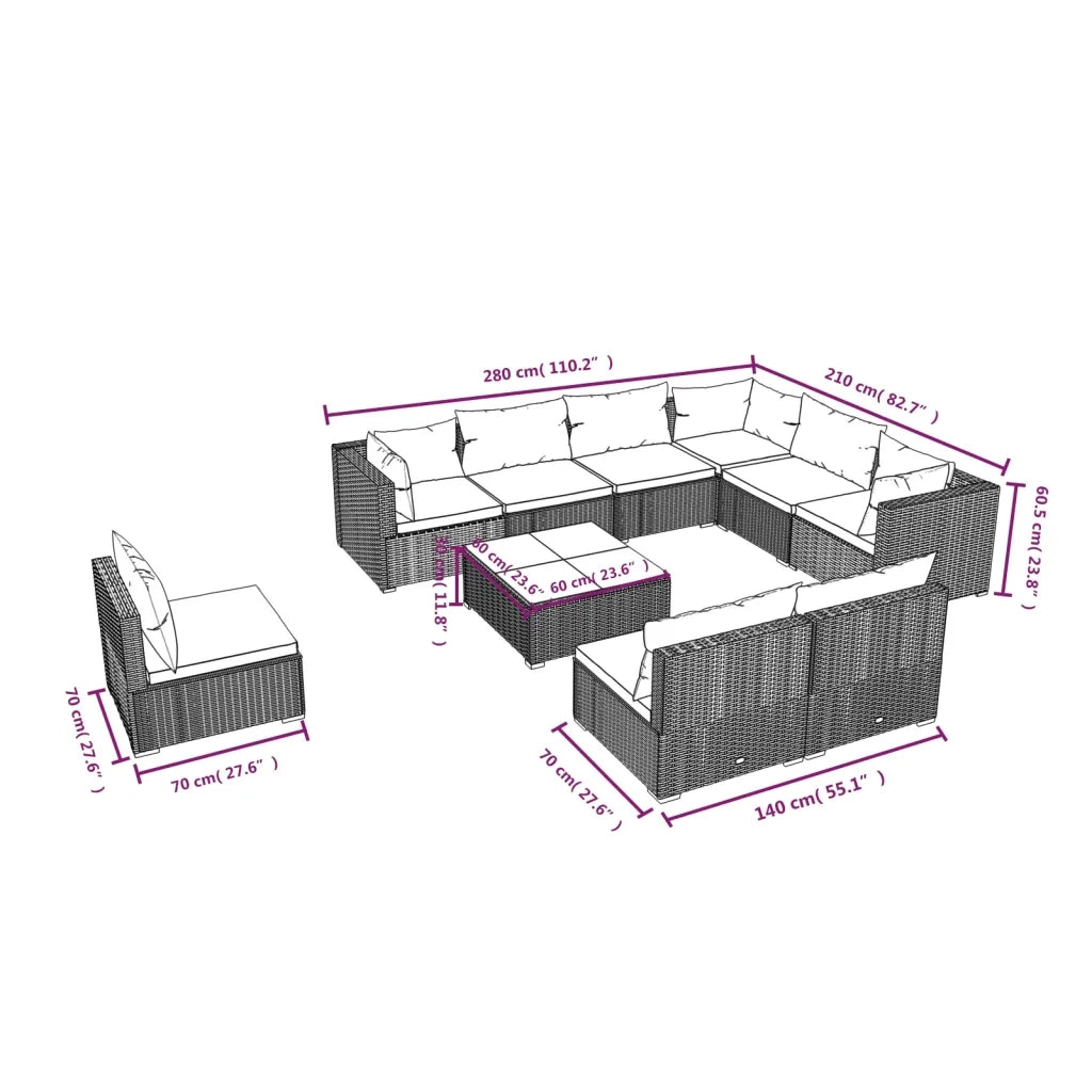 Set Divani da Giardino 10 pz con Cuscini in Polyrattan Marrone cod mxl 31387
