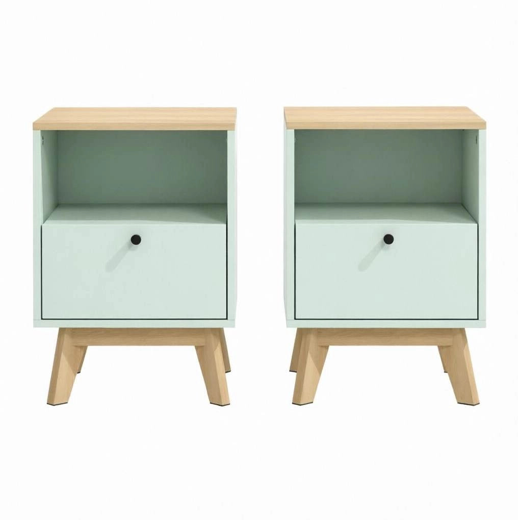 Set di 2 comodini verde chiaro in MDF con cassetto e vano aperto