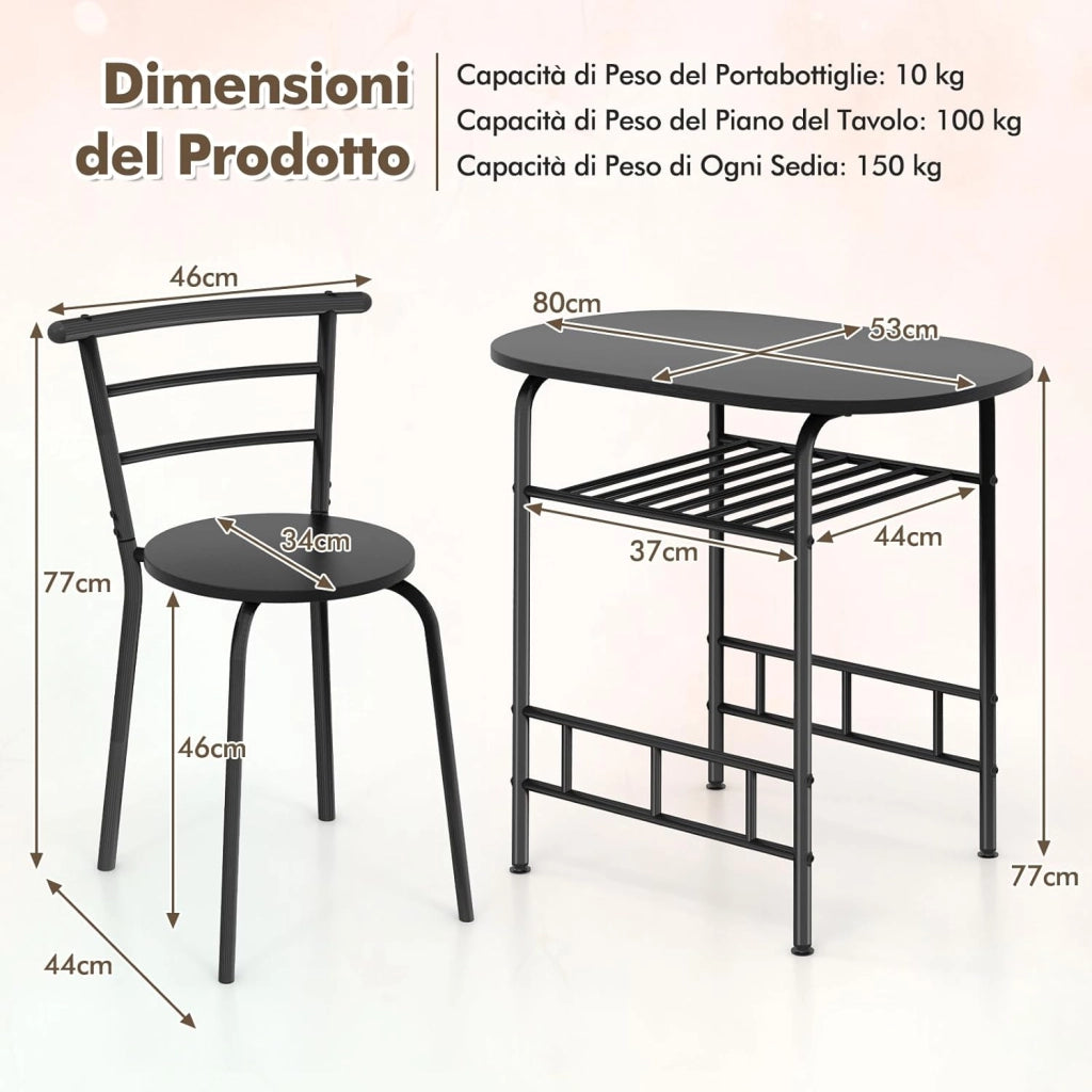 Tavolo da Pranzo con Sedie, Tavolo da Bar con Ripiano e 2 Sedie, Set Mobili da Bar per Sala da Pranzo, Balcone, in Legno e Metallo, Sedia Portata 150 kg (Nero)