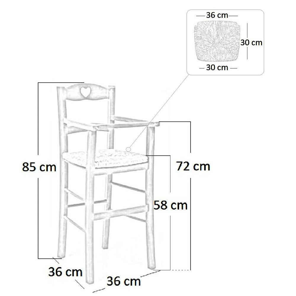 Seggiolone in legno noce scuro con schienale a cuore e seduta in paglia palustre