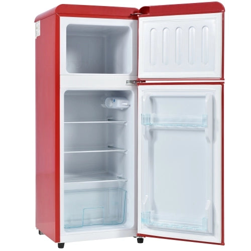 Frigorifero retrò; frigorifero congelatore; doppia porta; volume totale 92L; congelatore 28L; mensole alle porte; scaffali in vetro; luce LED; efficiente energetico; rosso