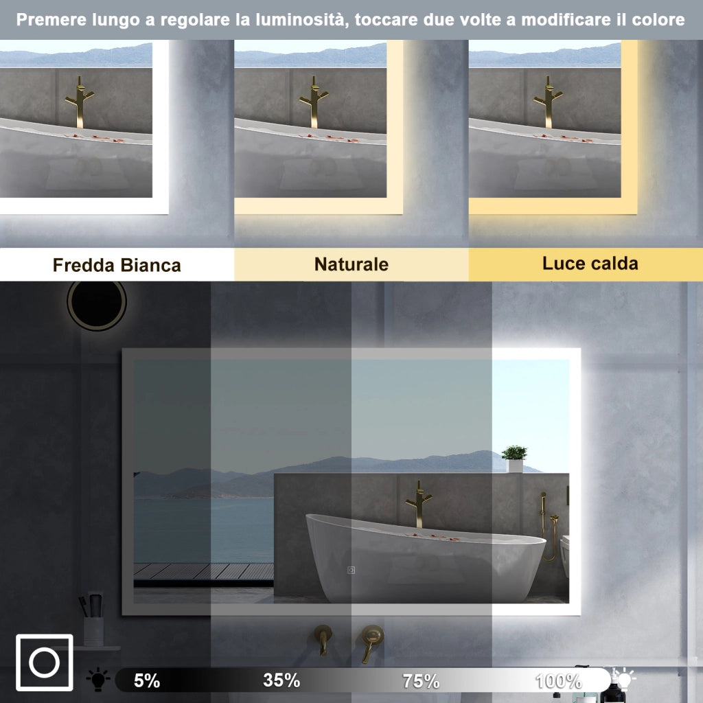 Specchio da bagno Rettangolare con 120x70cm,3 colori,Memoria, Antifog,Regorabile,Retroilluminato,doppio interruttore,