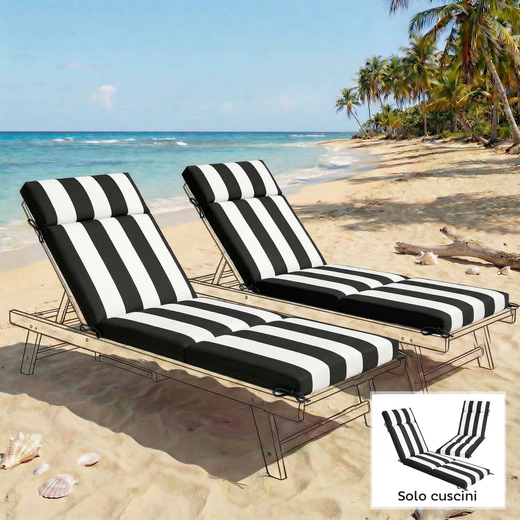 Set 2 Cuscini per Sedie da Esterno con 6 Lacci di Fissaggio, in Cotone, 183x54x6.5 cm, Nero e Bianco
