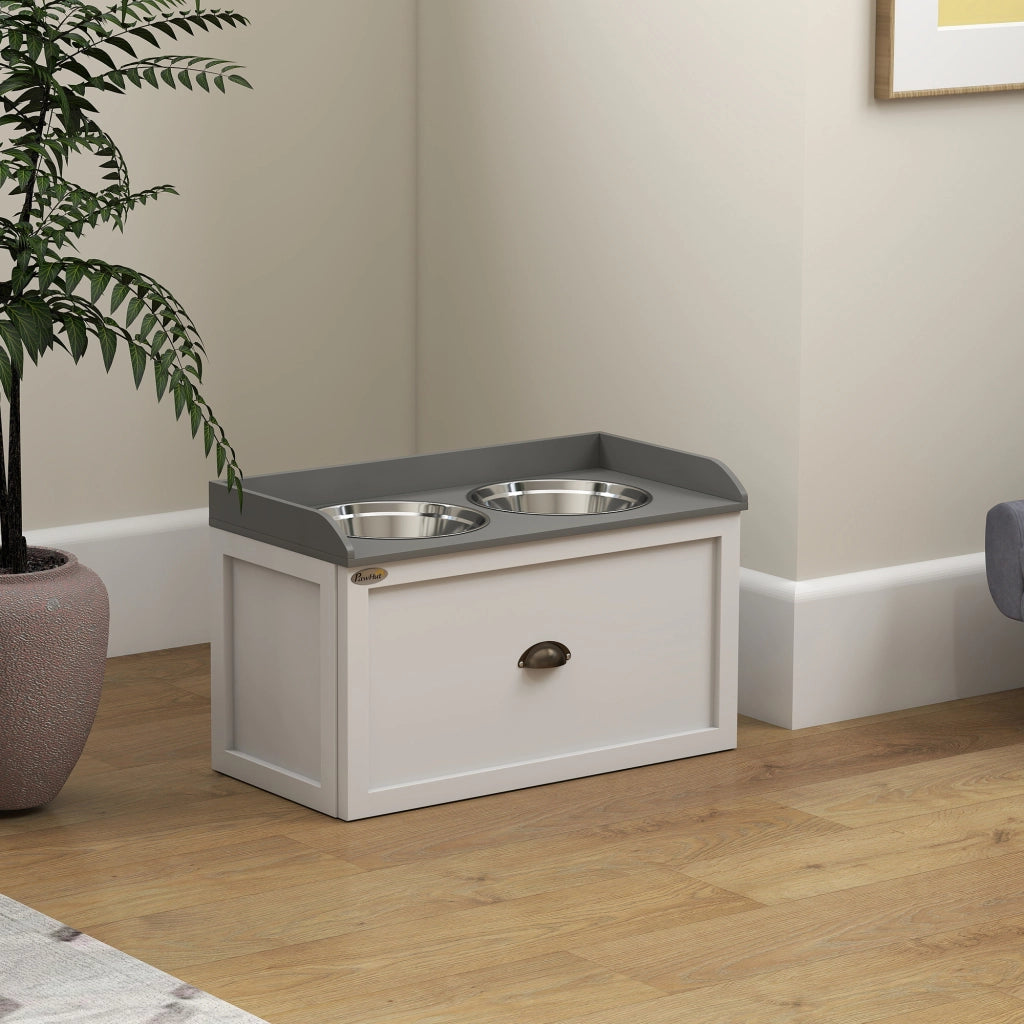 Ciotola Elevata per Cani e Gatti 2 in 1 ¨C zephmum ¨C Bianco Grigio, MDF, Acciaio Inox