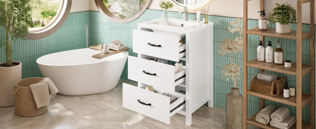 Mobile sottolavabo con lavabo in ceramica, 3 cassetti e vani contenitore, per bagno, bianco, 61 × 47 × 83 cm