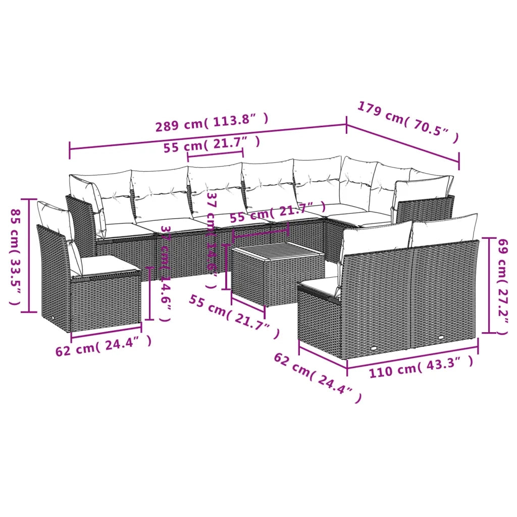 Set Divani da Giardino 11 pz con Cuscini Beige in Polyrattan