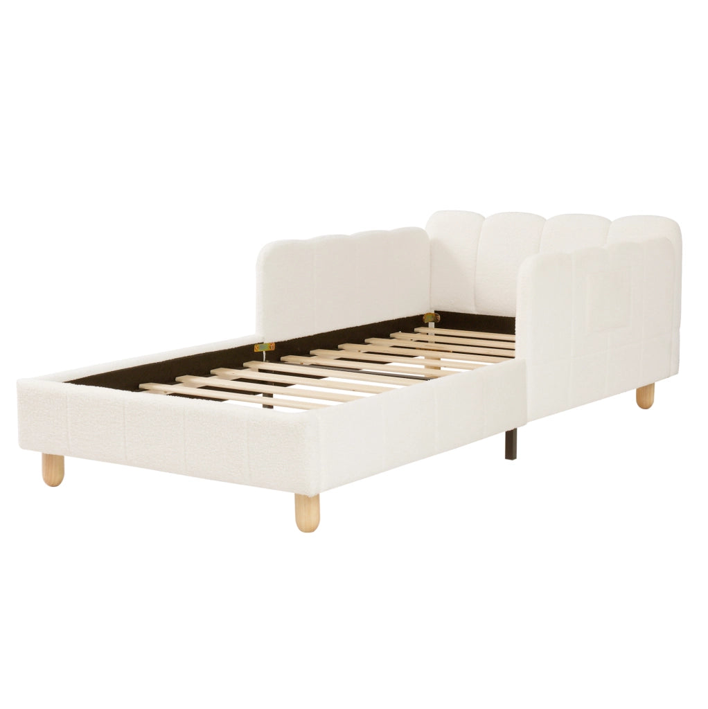 Letto per bambini in tessuto boucl¨¦ beige con testiera imbottita e braccioli