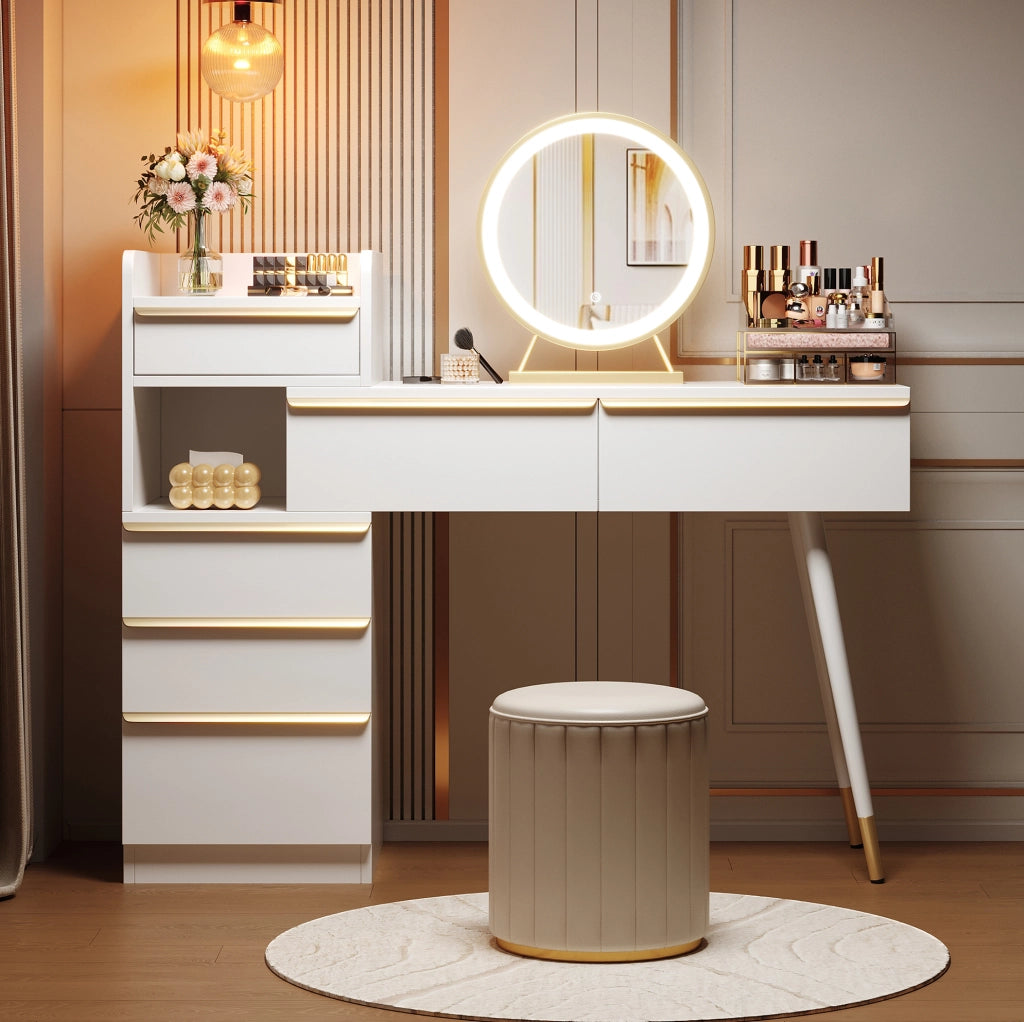 Tavolo da trucco con piano estraibile, 6 cassetti e specchio illuminato