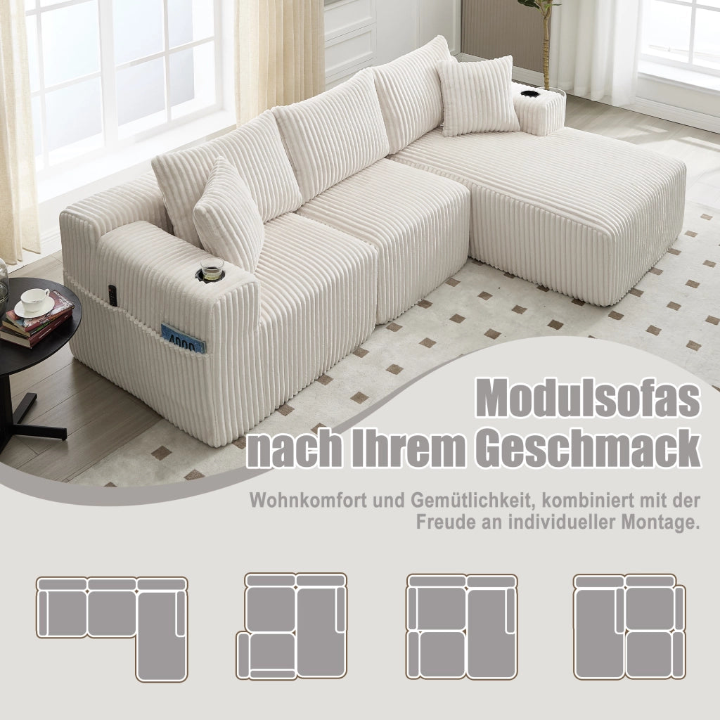 Divano modulare con chaise longue e 2 posti, tasche laterali, portabicchieri e 5 cuscini in corduroy beige