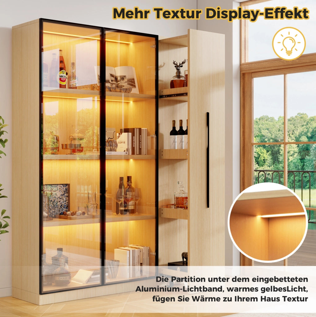 Libreria vetrina moderna 110;5x35x160 cm in MDF rovere con LED e anta in vetro