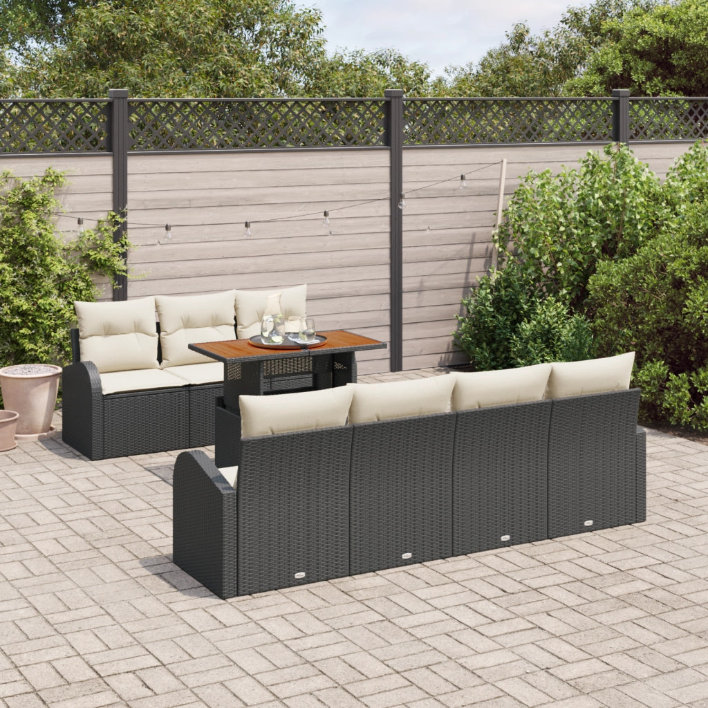 Set da pranzo da giardino da 8 pezzi con cuscini neri in rattan PE e legno