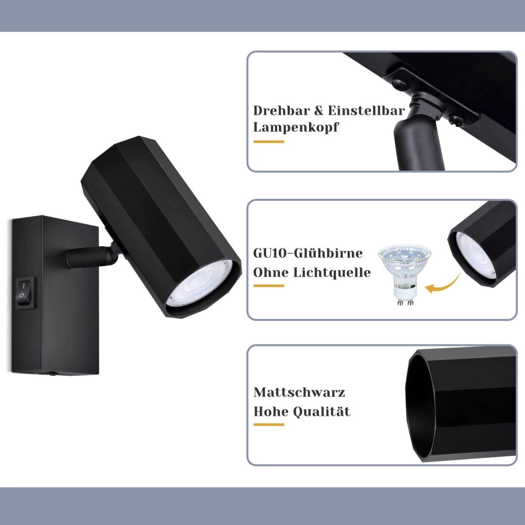 ZMH Faretto da soffitto neri 1 fiamma GU10 rotativo 350° interruttore metallo max 40W per corridoio anche parete