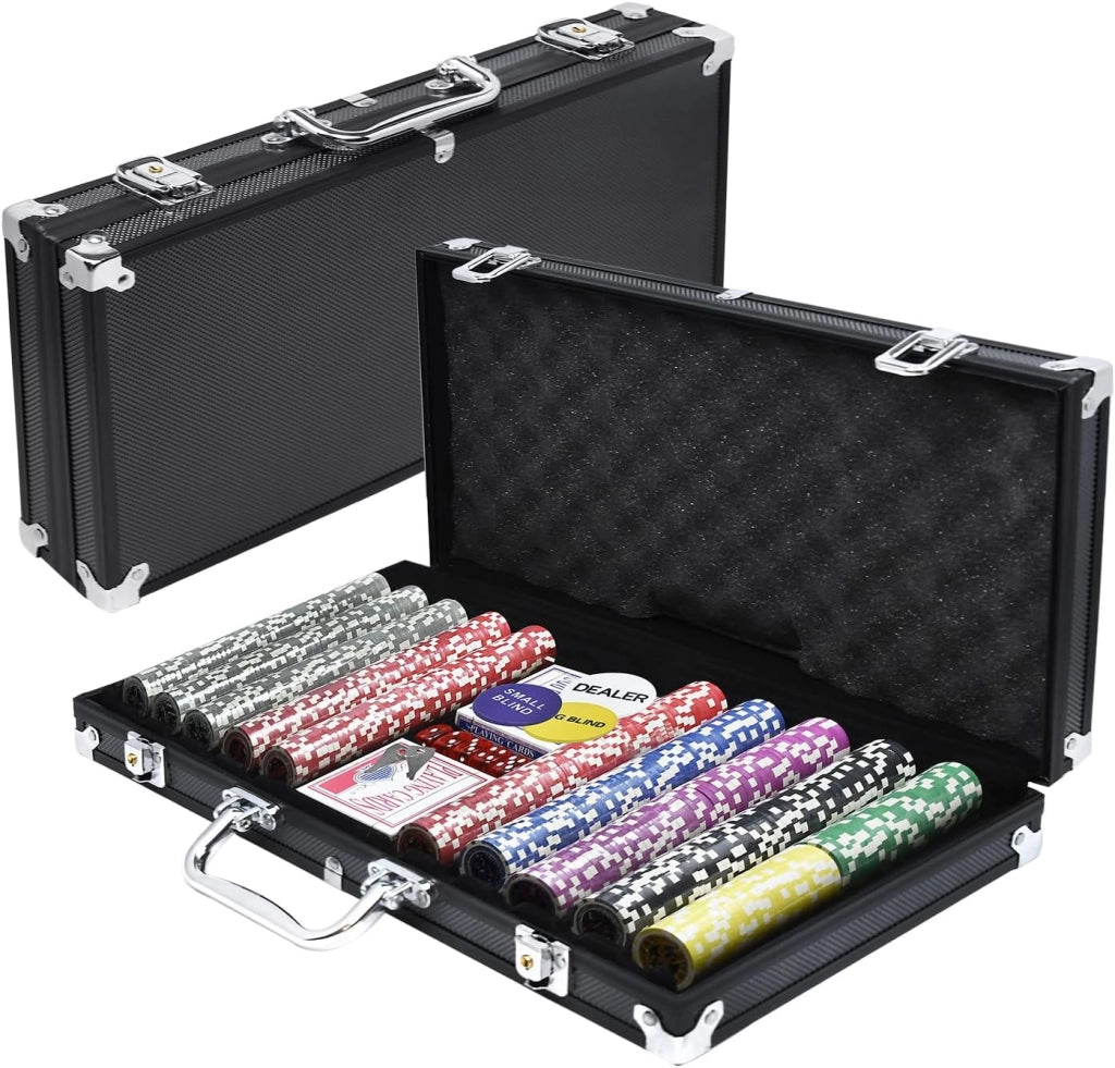 Set da poker da poker da 500 chip, con 500 chip da poker laser, 2 pazzi da poker, 3 bottoni per dealer e 5 dadi con valigetta in alluminio, nero