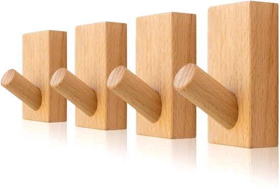 Set di Spine per Parete in Legno - 4 pezzi - Legno Naturale - Assemblaggio Senza Foratura - per Cappello e Cappotto - per Interno e Esterno - 4 pezzi - Colore Naturale