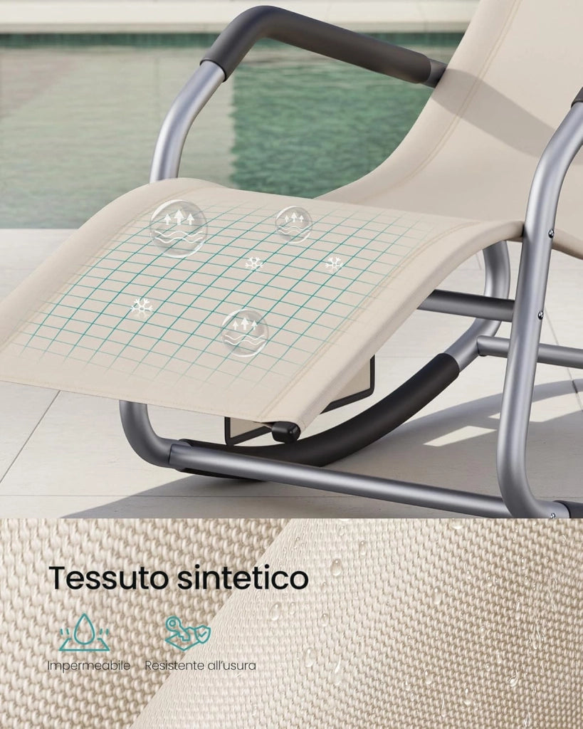 SONGMICS Sedia a Dondolo, Sedia a Sdraio Antiribaltamento, Cuscino Regolabile, Telaio in Acciaio, Tessuto Respirante, Tasca Portaoggetti, 151 x 56,2 x 97,3 cm, Beige GCB230WZ01