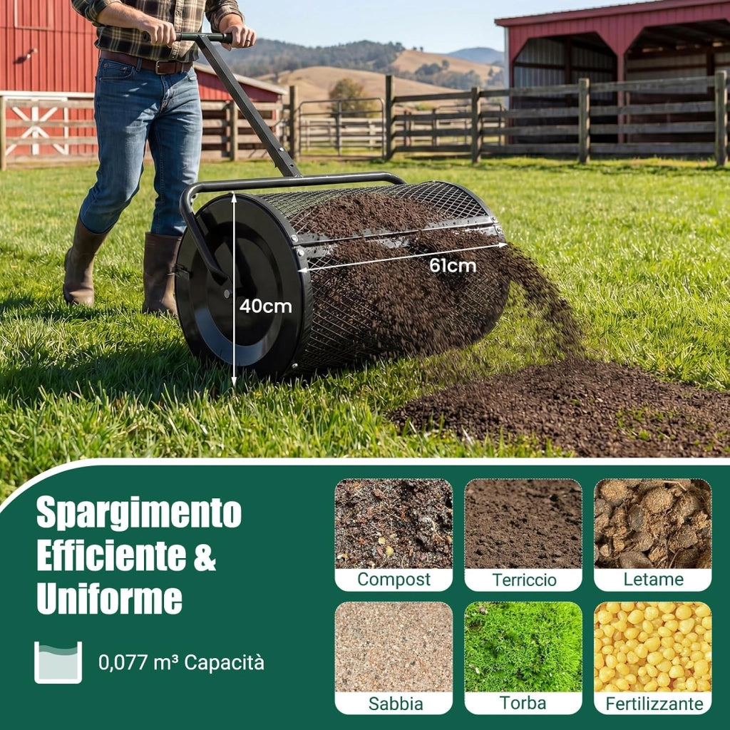 Spandiconcime a Rullo, Rullo da Giardino con Impugnatura Pratica Chiusure Laterali e Rete in Metallo per Concimazione e Semina, Spandiconcime per Prato e Giardino (40 x 61 cm Nero)