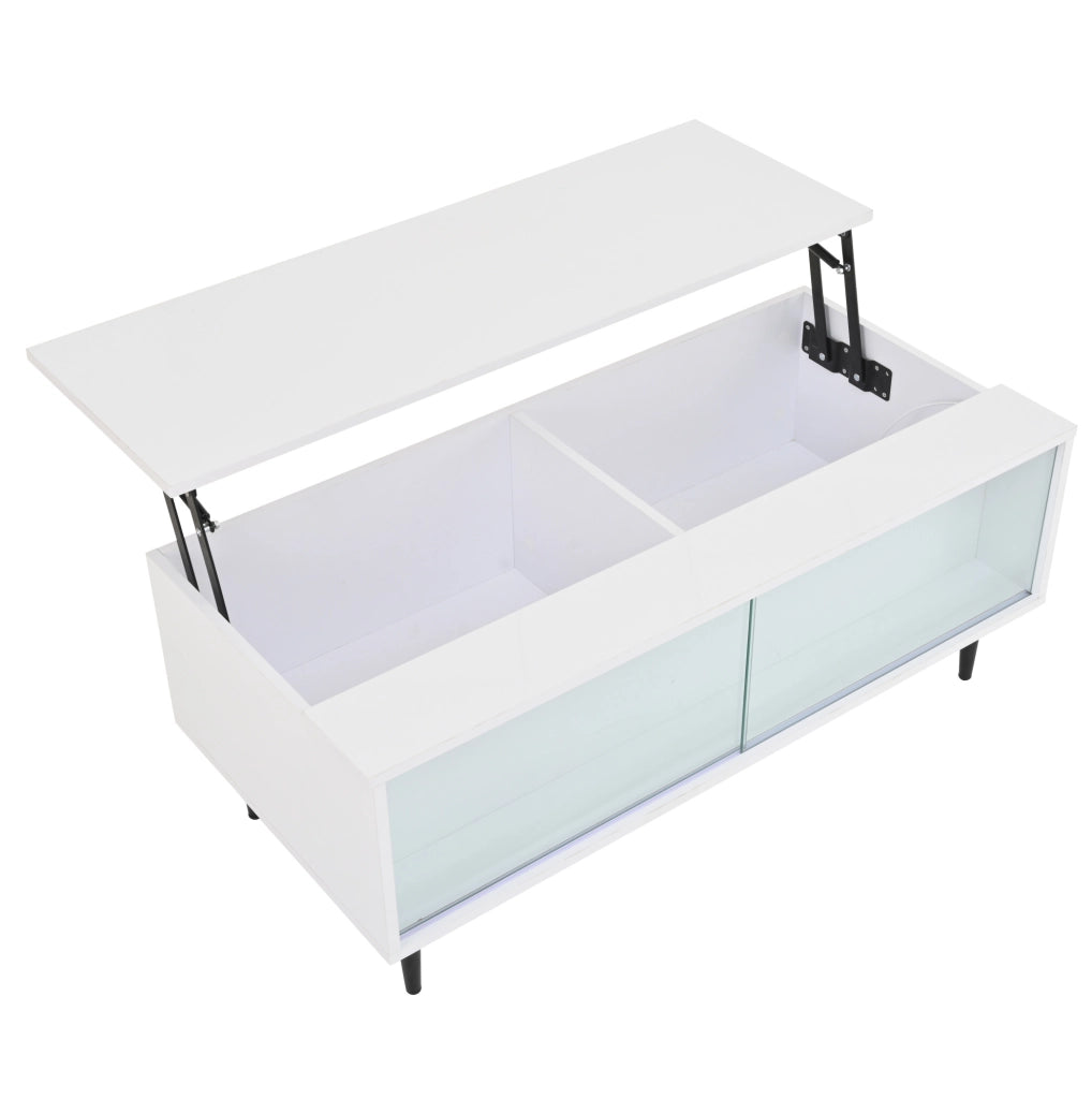 Tavolino da salotto 105x50x43 cm; rialzabile con LED e vano nascosto; truciolato; bianco