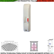 Sensore di Movimento Doppia Tecnologia Tenda Infrarosso e Microonda Portata 5 MT Ballatoio Esterno Interno Porticato Rileva Intrusi Invia Allarme Aliment. 12 V Assorb. 10 mA Cover Bianca ABS IP44