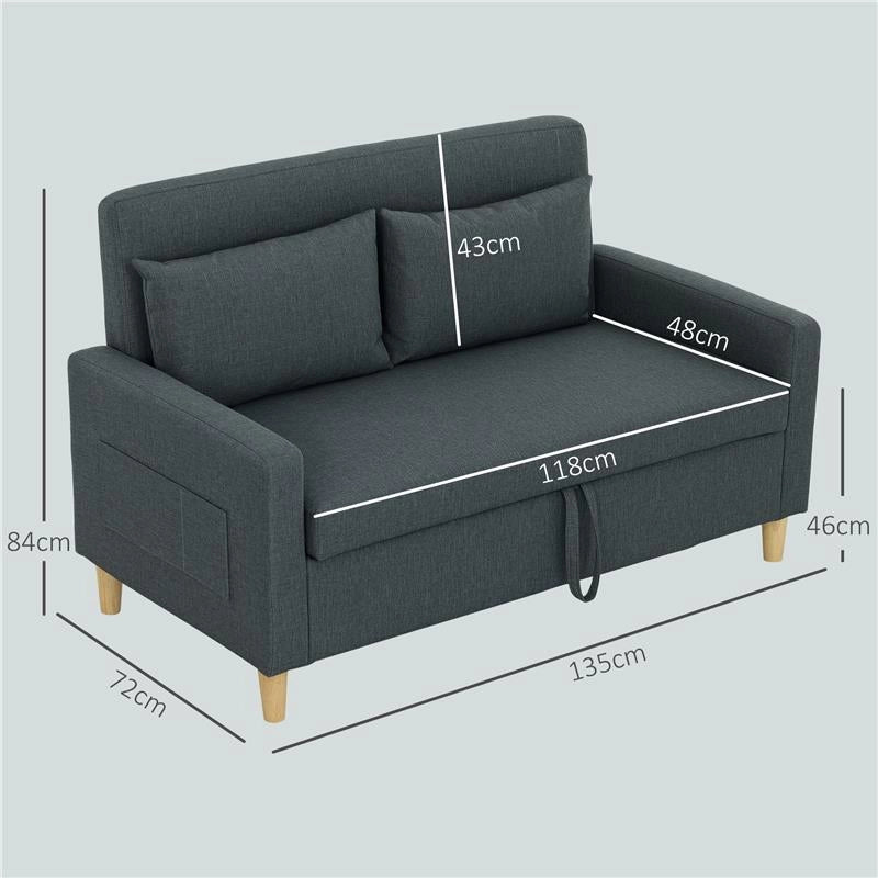 DIVANO 2 POSTI CON SPAZIO PORTAOGGETTI E CUSCINI IN TESSUTO EFFETTO LINO E LEGNO 135X72X84 CM GRIGIO CARBONE
