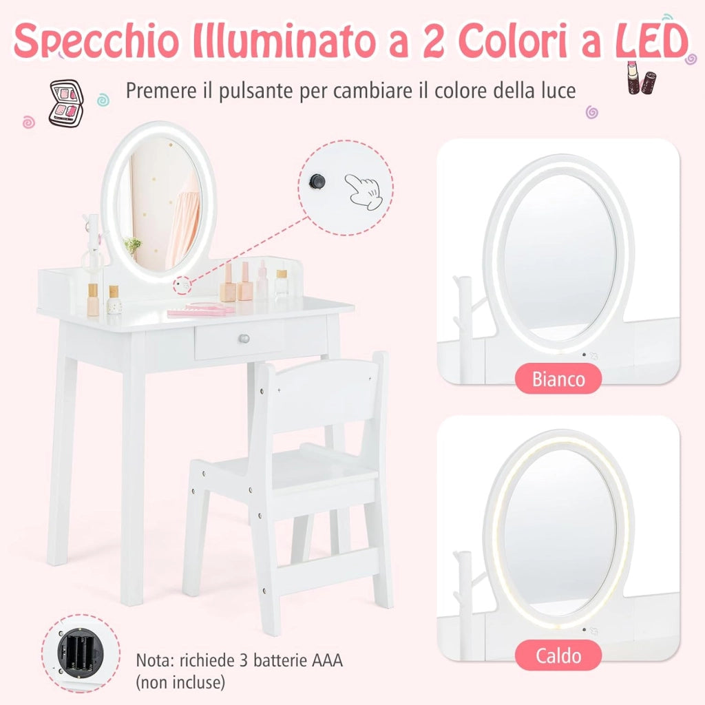 Set Toeletta per Bambini con Sgabello, Cassetti e Specchio Staccabile, Toeletta per Bambini in Legno, Con Luce Regolabile, Ideale per Bambini dai 3 ai 8 Anni, 60 x 35 x 96 cm