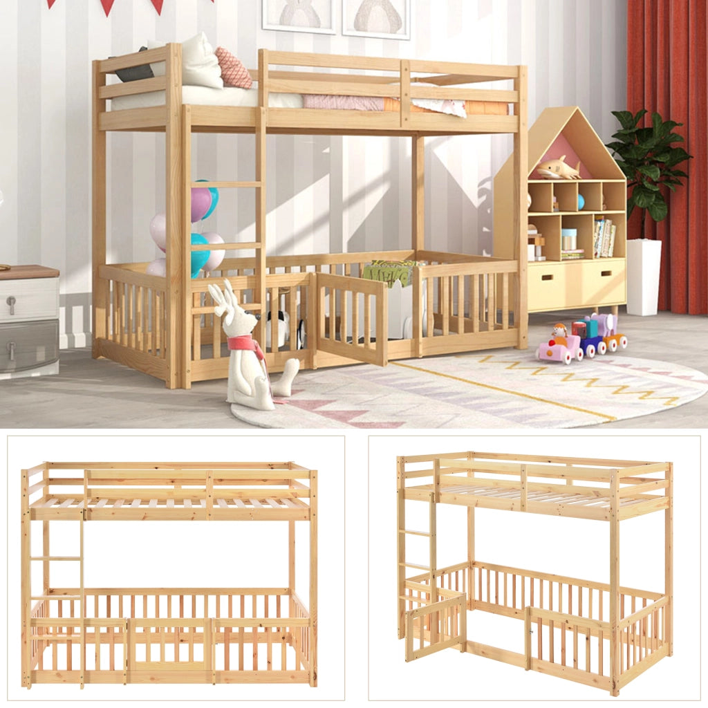OKWISH Letto a Castello 90×200 cm, Letto Singolo con Scala Dritta, Sponde e Porta, senza Materasso, in Legno Massello, Naturale