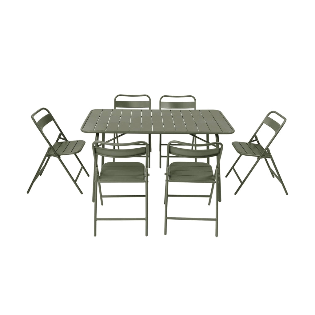 Set tavolo da giardino in acciaio con 6 sedie pieghevoli, 140cm, verde