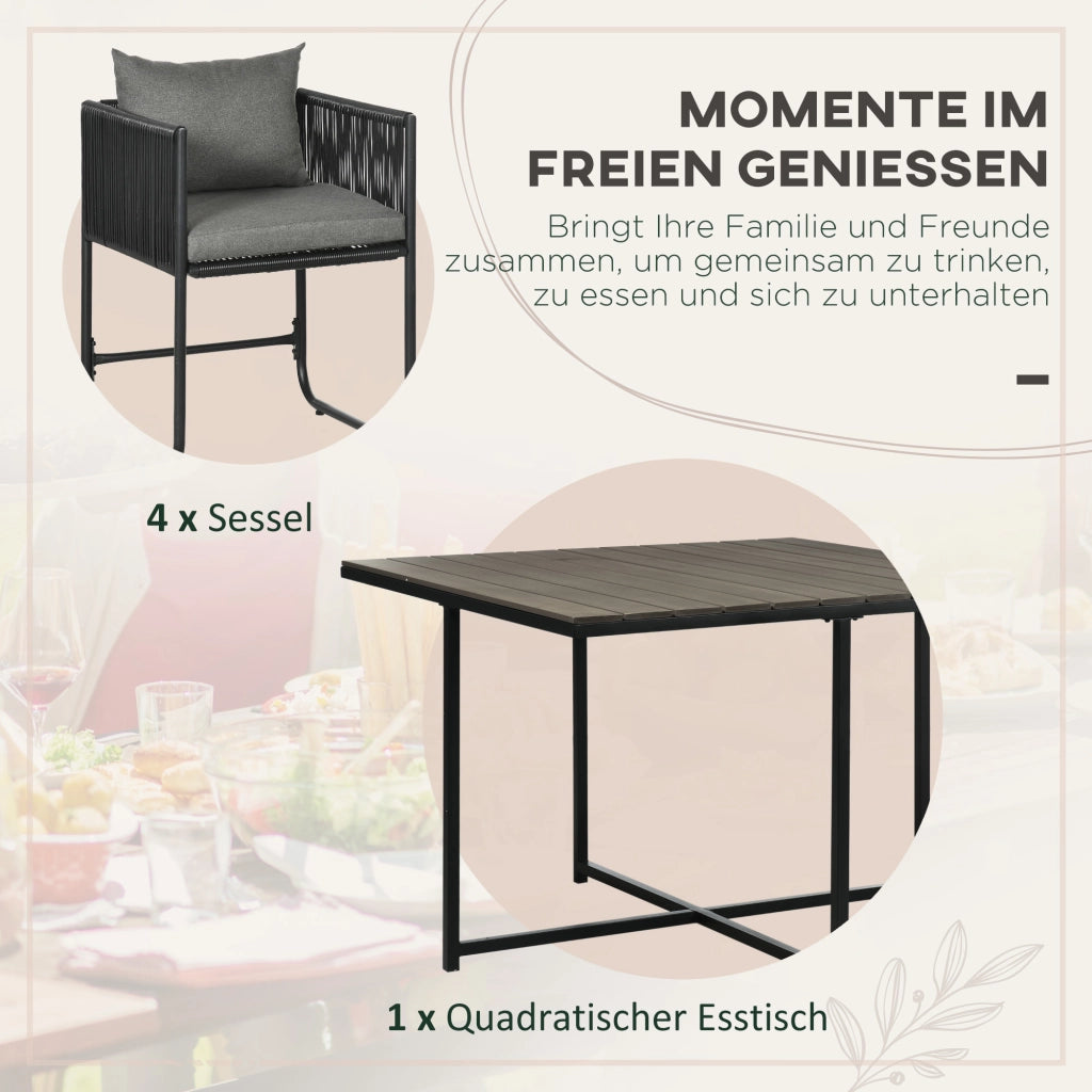 Set di mobili da giardino in polyrattan composto da 5 pezzi: tavolo da pranzo con 4 sedie e tavolino laterale, elegante set da pranzo per balcone e