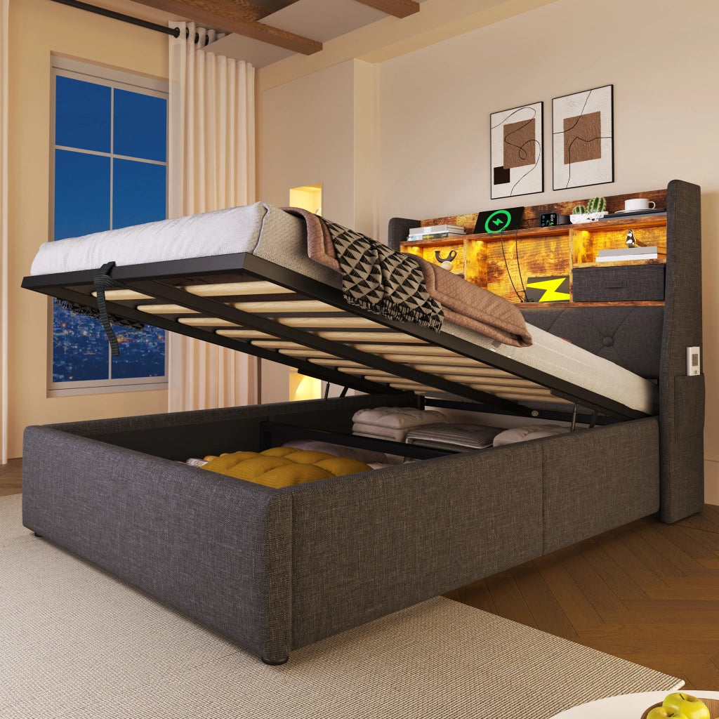 LETTO Contenitore 90x200 cm Grigio in Lino con materasso incluso, LED e USB/Type-C