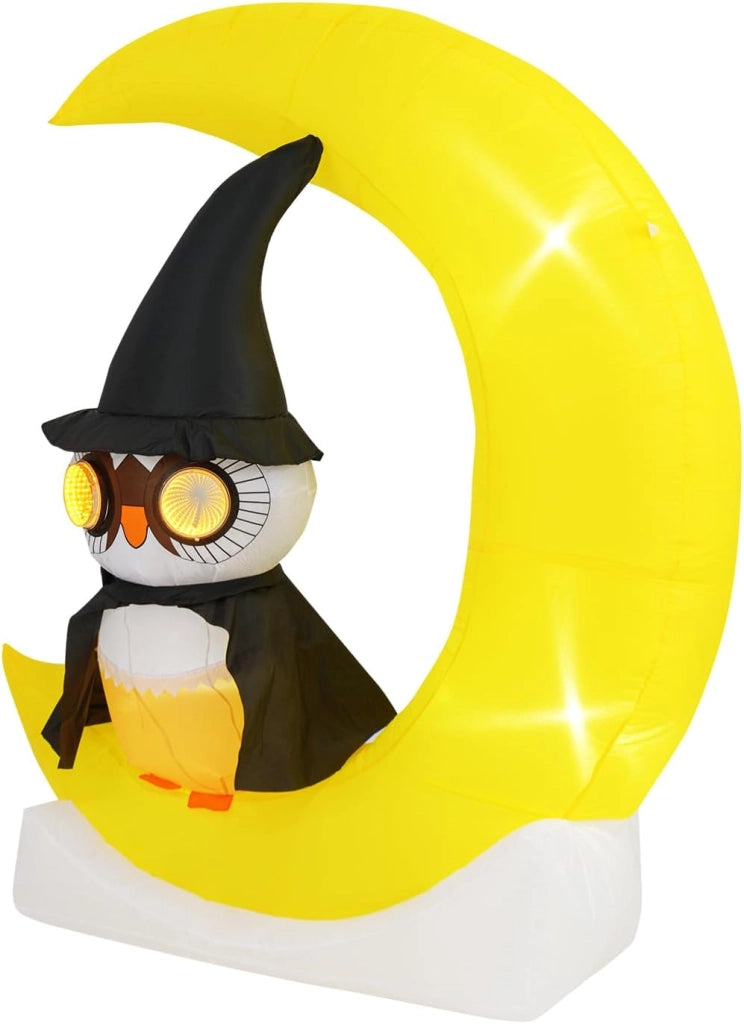 COSTWAY Decorazione Gonfiabile per Halloween 130 x 155 CM, Decorazione di Halloween Illuminata con LED e Grande Luna e Gufo Mago e Soffiatore Incorporato, per Cortile, Prato e Feste