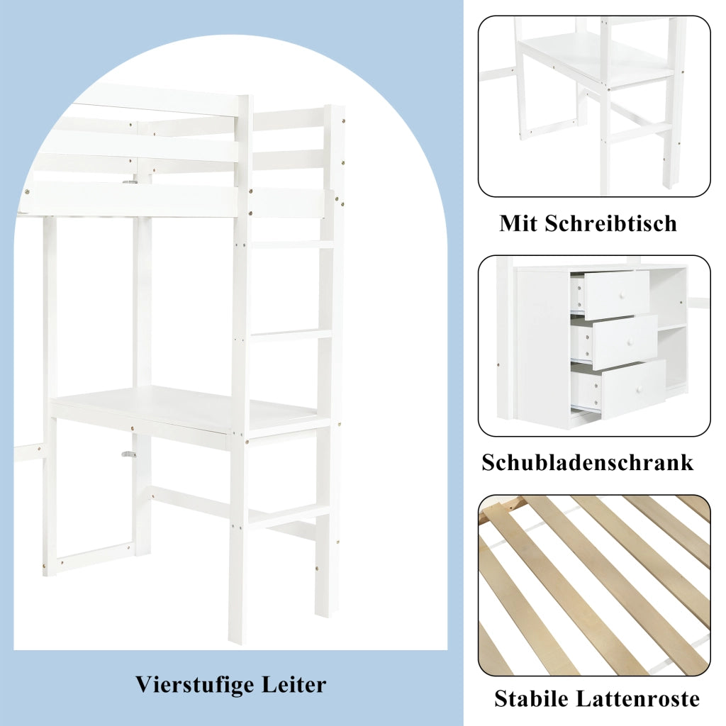 Letto a castello bianco con scrivania cassetti e scaffale in legno di pino e MDF 90x200 cm