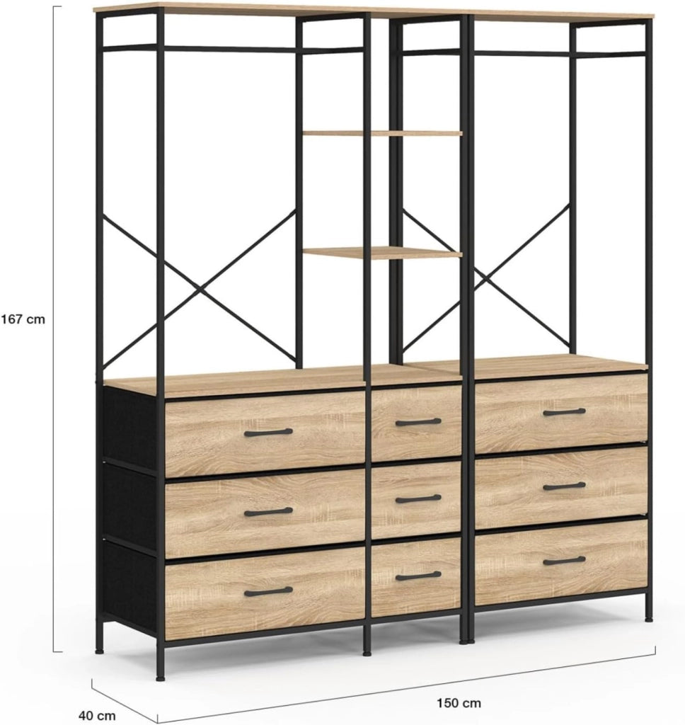 Armadio componibile UTAH XXL L. 150 cm con 3 ripiani e 9 contenitori in legno e tessuto nero
