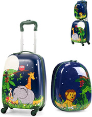 Set di Valigia 16’’ + Zaino 12’’ per Bambini 2 Pezzi, Bagagli 2-in-1 con Zainetto da Viaggio Aereo, Trolley con Maniglia Telescopica e 4 Ruote a 360° (Blu Jungla)