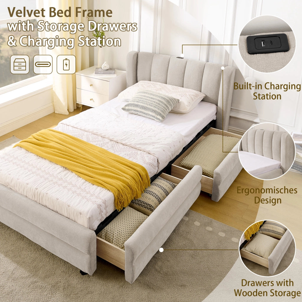Letto singolo in Chenille beige 90x200 vani laterali USB ergonomico