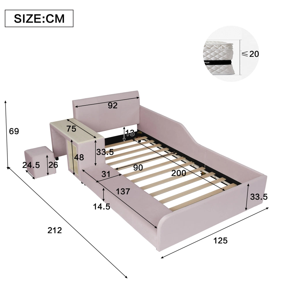 Letto imbottito 90x200 cm con scrivania; sgabello e ripiano in velluto rosa