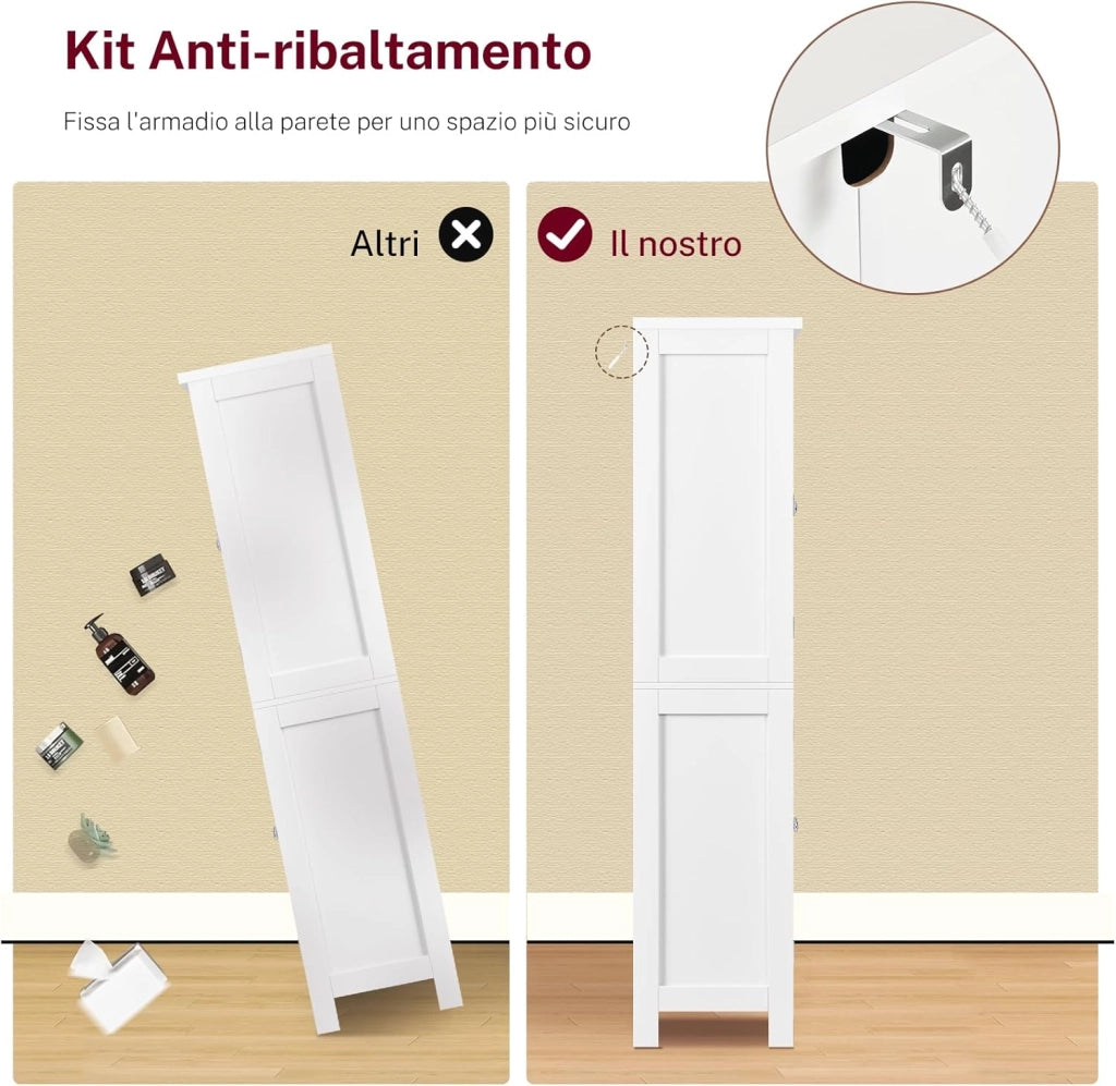 Mobile Dispensa Cucina larghezza 60 cm, Armadio 4 Ante altezza 130 cm con Ripiani Regolabili e Portaspezie Integrata, Credenza Alta per Cucina, Soggiorno, Bianco