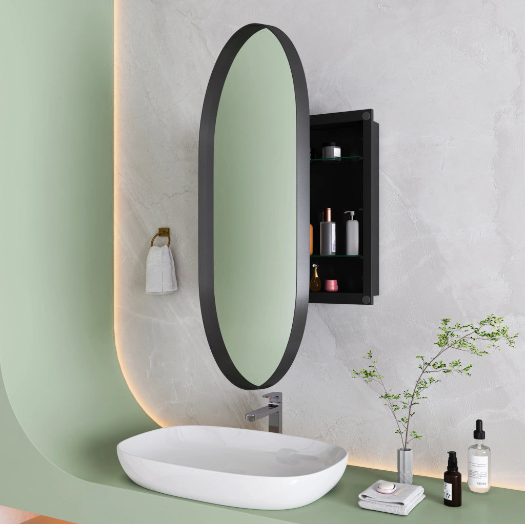 Mobile bagno ovale incassato con specchio, struttura metallica nera e ripiani regolabili