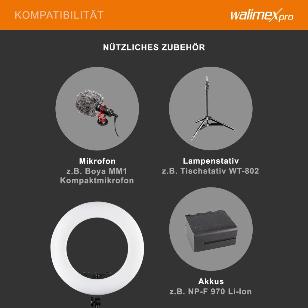 Medow 960 Pro Set di luci anulari a LED con treppiede e batterie NP-F, luce anulare bicolore, luce video dimmerabile con telecomando 96 W, treppiede per lampada con ammortizzazione a molla